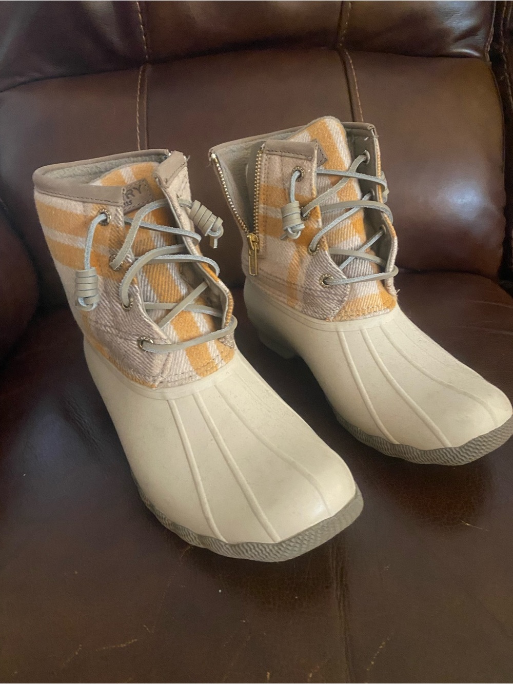 Sperry Cream and Orange Lace-Up Waterproof Ankle Boots